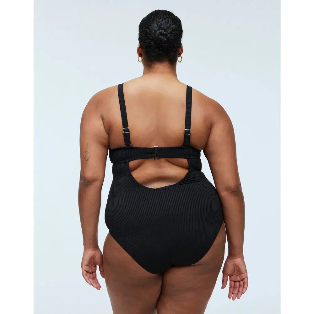 Madewell Plus Ribbed‎ Underwire Open-Back One-Piece Swimsuit 2X True Black NJ970